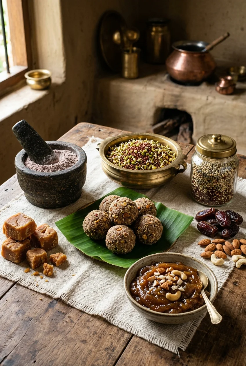 Kandula home kitchen table with sprouted millets, protein laddus, wheat halwa and jaggery
